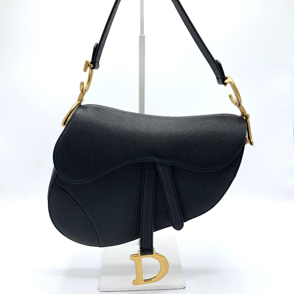 Dior Black Grained GHW Medium Saddle Bag w/ Strap - Picture 1 of 10